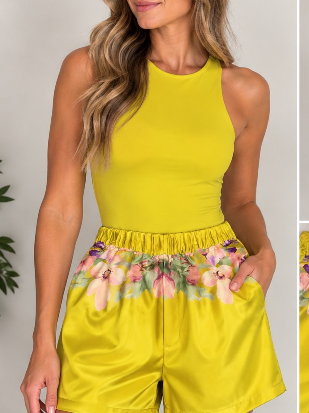 Express Yellow Floral-Trim High Waist Shorts
